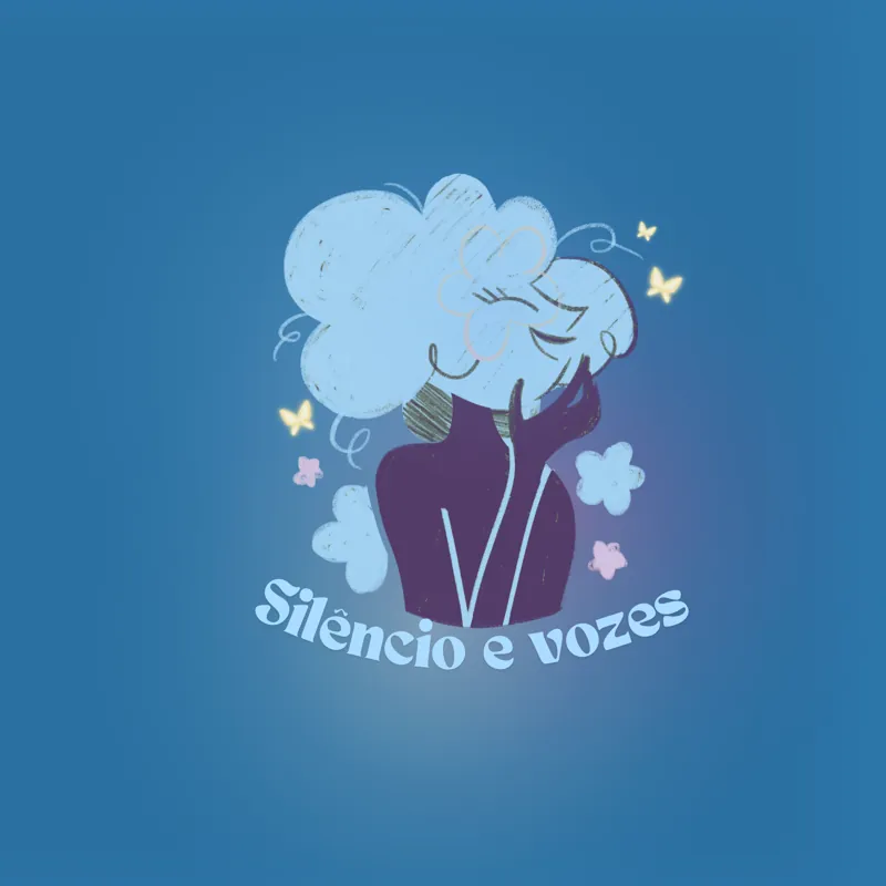 Ilustração do jogo: figura com cabelo em forma de nuvem azul, cercada de borboletas e flores, sobre o título Silêncio e Vozes